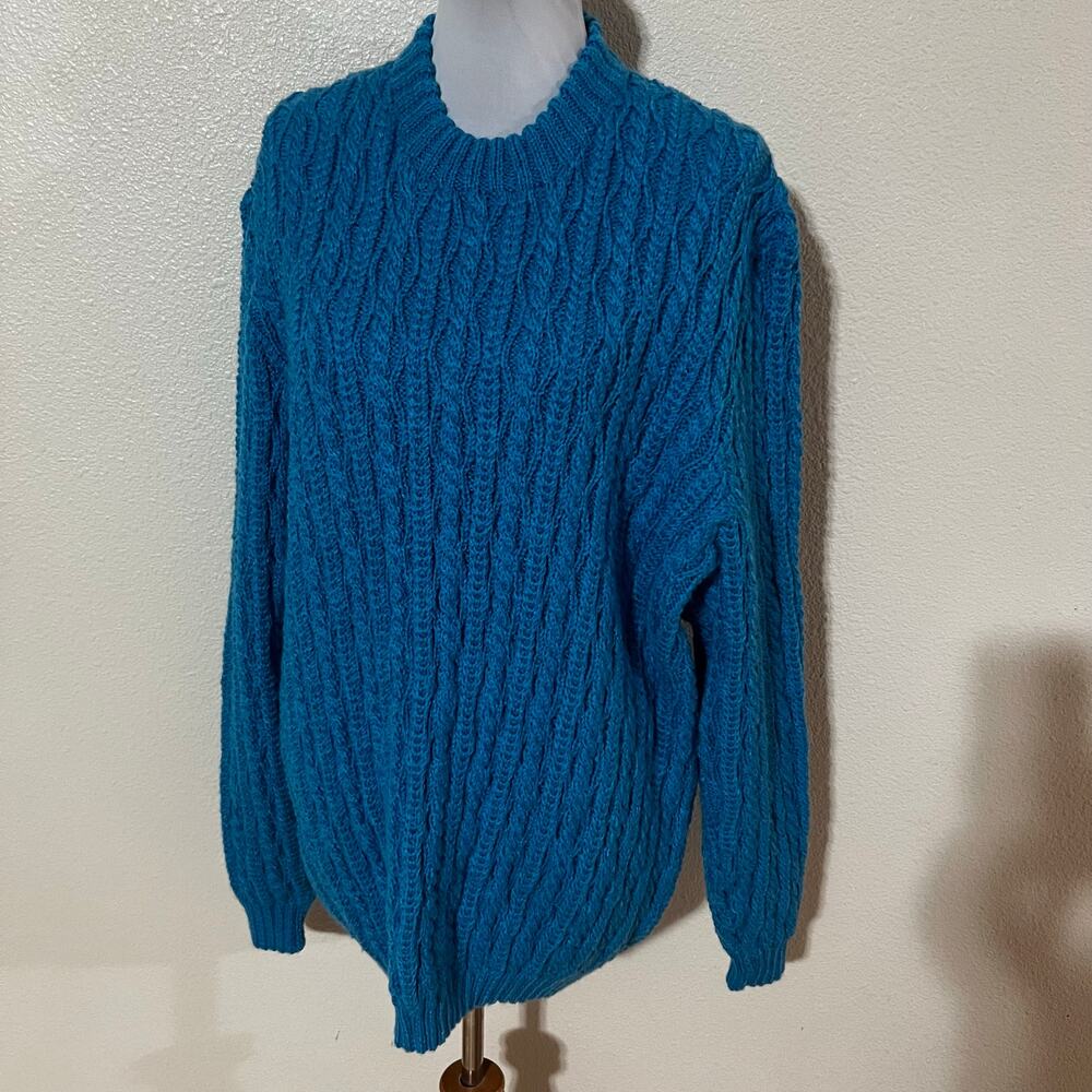 Handknit handmade blue cable knit Crewneck chunky pullover sweater WOMENS XL